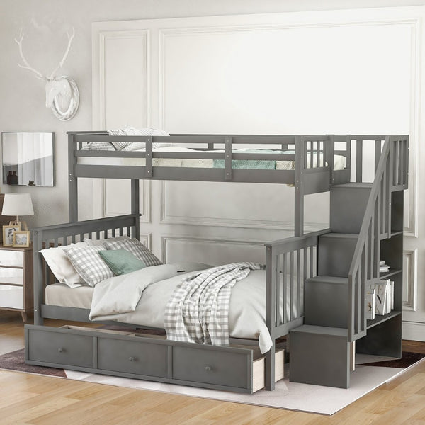 English Elm Stairway Twin Over Full Bunk Bed with Stair Storage Espresso Frame for Kids LT000219AAE-1