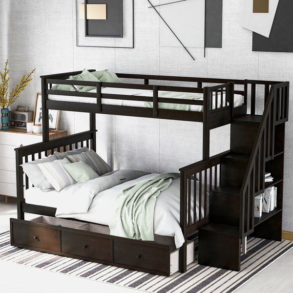 English Elm Stairway Twin Over Full Bunk Bed with Stair Storage Espresso Frame for Kids LT000219AAP