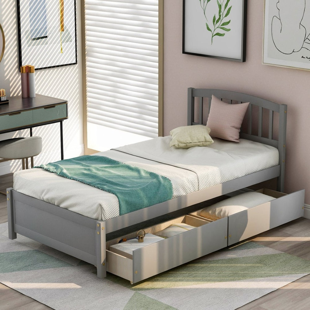 English Elm Twin Walnut Platform Bed Pine Frame Curved Headboard with Under Drawer Storage WF194279AAE