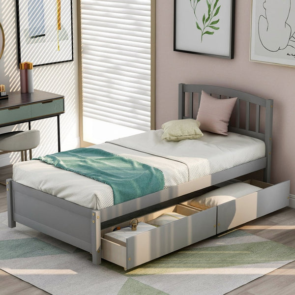 English Elm Twin Walnut Platform Bed Pine Frame Curved Headboard with Under Drawer Storage WF194279AAE