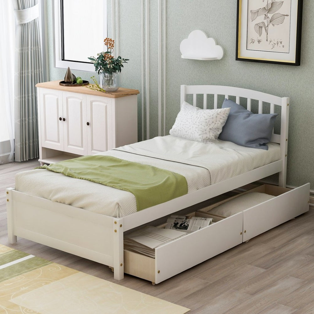 English Elm Twin Walnut Platform Bed Pine Frame Curved Headboard with Under Drawer Storage WF194279AAK