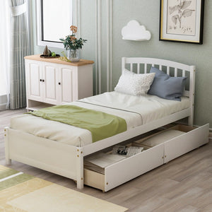 English Elm Twin Walnut Platform Bed Pine Frame Curved Headboard with Under Drawer Storage WF194279AAK