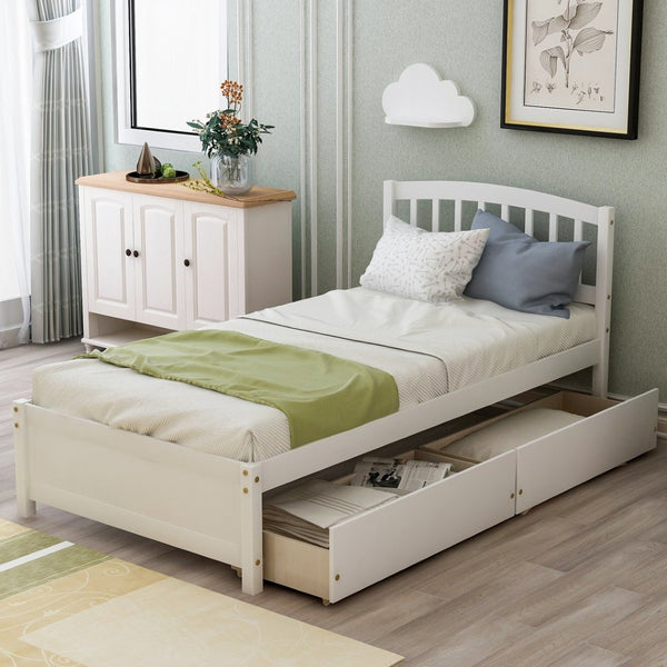 English Elm Twin Walnut Platform Bed Pine Frame Curved Headboard with Under Drawer Storage WF194279AAK