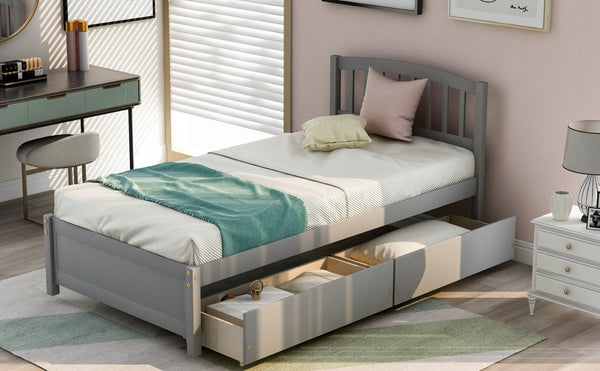 English Elm Twin Walnut Platform Bed Pine Frame Curved Headboard with Under Drawer Storage WF194279AAE