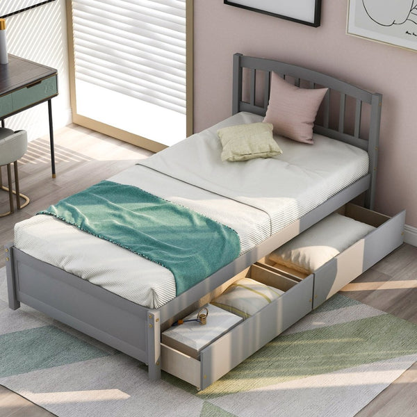 English Elm Twin Walnut Platform Bed Pine Frame Curved Headboard with Under Drawer Storage WF194279AAE
