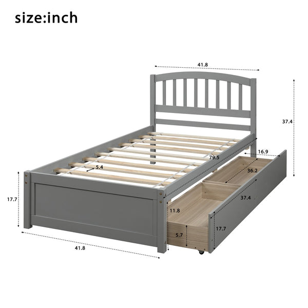 English Elm Twin Walnut Platform Bed Pine Frame Curved Headboard with Under Drawer Storage WF194279AAE