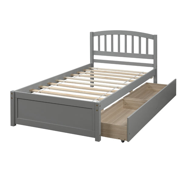 English Elm Twin Walnut Platform Bed Pine Frame Curved Headboard with Under Drawer Storage WF194279AAE