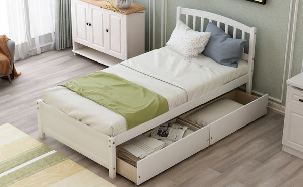 English Elm Twin Walnut Platform Bed Pine Frame Curved Headboard with Under Drawer Storage WF194279AAK