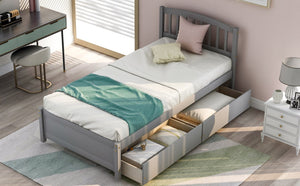 English Elm Twin Walnut Platform Bed Pine Frame Curved Headboard with Under Drawer Storage WF194279AAE