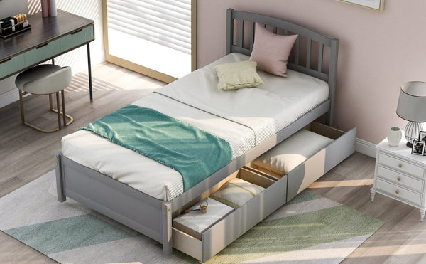 English Elm Twin Walnut Platform Bed Pine Frame Curved Headboard with Under Drawer Storage WF194279AAE