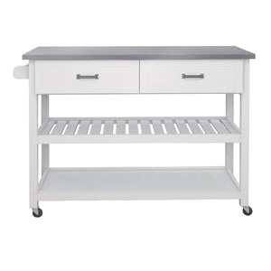 English Elm Stainless Steel Top Kitchen Cart with White Mdf Body Two Drawers and Open Shelves W28218593