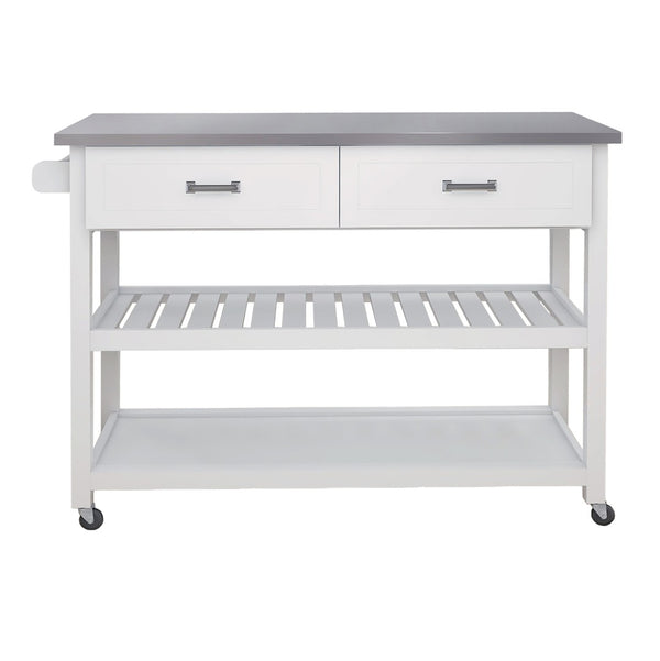 English Elm Stainless Steel Top Kitchen Cart with White Mdf Body Two Drawers and Open Shelves W28218593