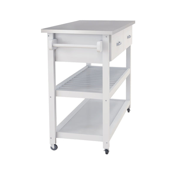 English Elm Stainless Steel Top Kitchen Cart with White Mdf Body Two Drawers and Open Shelves W28218593