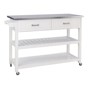 English Elm Stainless Steel Top Kitchen Cart with White Mdf Body Two Drawers and Open Shelves W28218593
