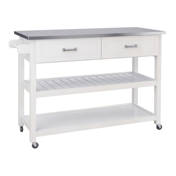 English Elm Stainless Steel Top Kitchen Cart with White Mdf Body Two Drawers and Open Shelves W28218593