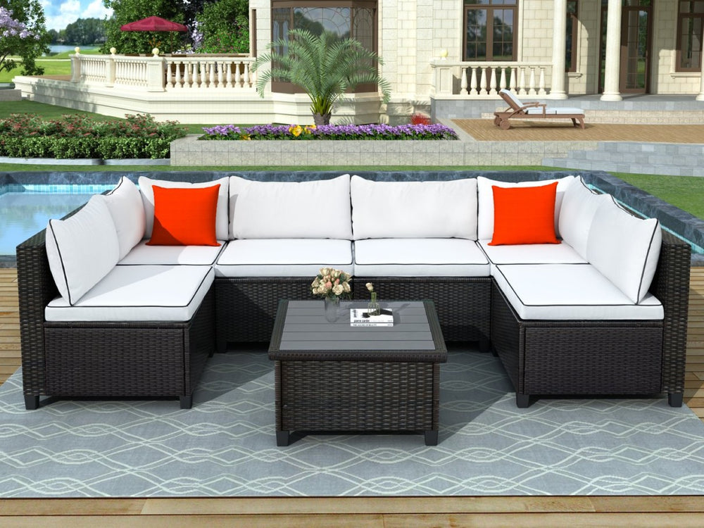 English Elm U-style Wicker Patio Sectional with Plush Cushions for Modern Outdoor Gatherings WY000111AAA
