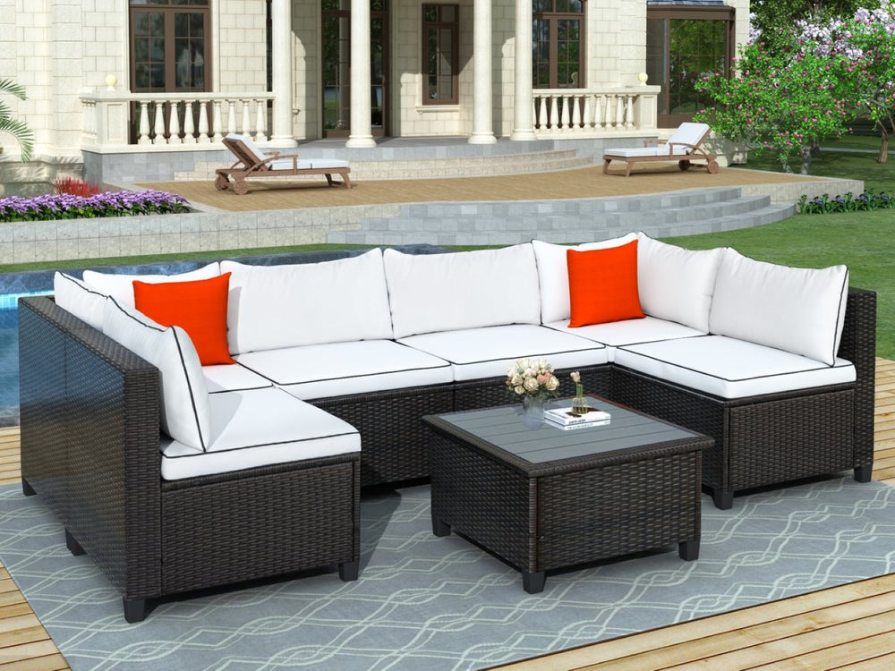English Elm U-style Wicker Patio Sectional with Plush Cushions for Modern Outdoor Gatherings WY000111AAA