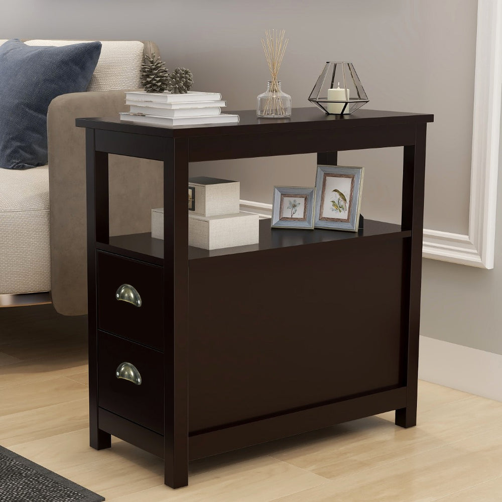 English Elm End Table Nightstand with Two Drawers Open Shelf Uv Lacquered Brown Bedroom Storage W28206526