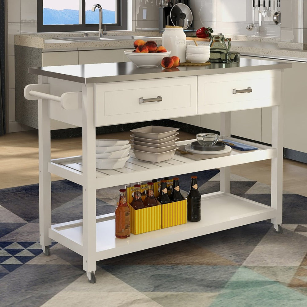 English Elm Stainless Steel Top Kitchen Cart with White Mdf Body Two Drawers and Open Shelves W28218593