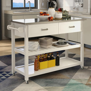 English Elm Stainless Steel Top Kitchen Cart with White Mdf Body Two Drawers and Open Shelves W28218593