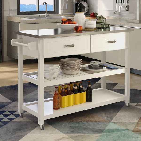 English Elm Stainless Steel Top Kitchen Cart with White Mdf Body Two Drawers and Open Shelves W28218593