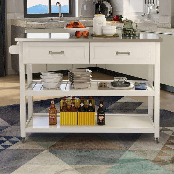 English Elm Stainless Steel Top Kitchen Cart with White Mdf Body Two Drawers and Open Shelves W28218593