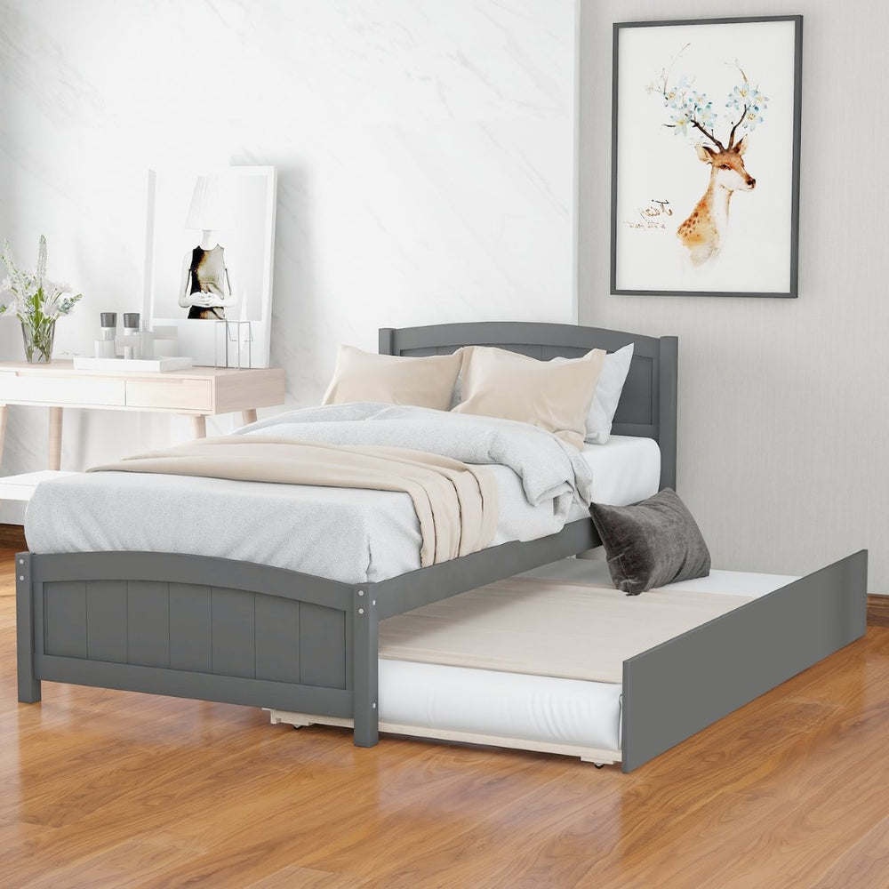 English Elm Twin Platform Bed with Roll-out Trundle Espresso Wood Frame for Kids or Guests WF194304AAE