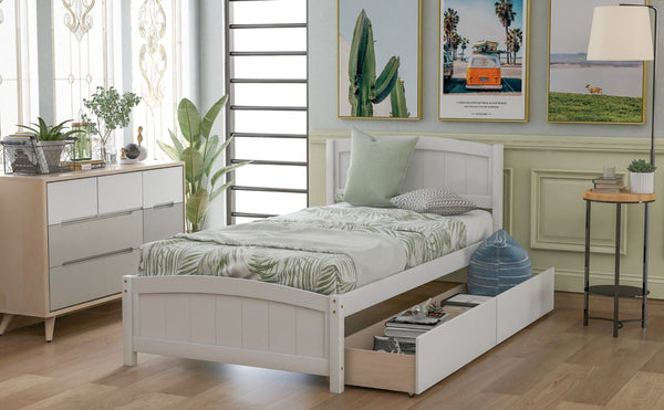 English Elm Twin Storage Platform Bed with Two Under Drawers Pine Slats No Box Spring Needed White WF194280AAK