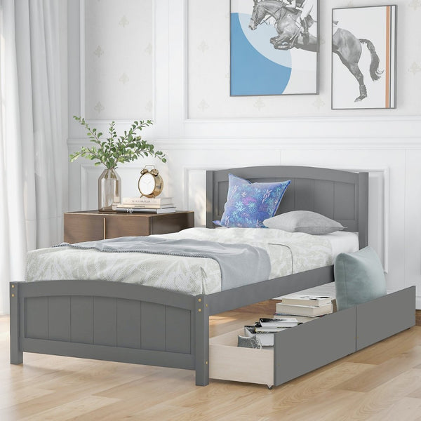 English Elm Twin Storage Platform Bed with Two Under Drawers Pine Slats No Box Spring Needed Gray WF194280AAE