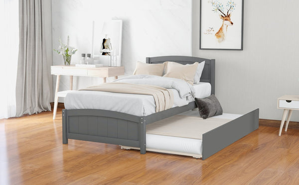 English Elm Twin Platform Bed with Roll-out Trundle Espresso Wood Frame for Kids or Guests WF194304AAE