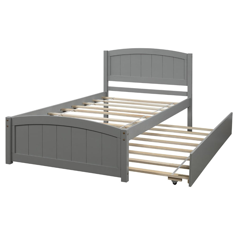 English Elm Twin Platform Bed with Roll-out Trundle Espresso Wood Frame for Kids or Guests WF194304AAE