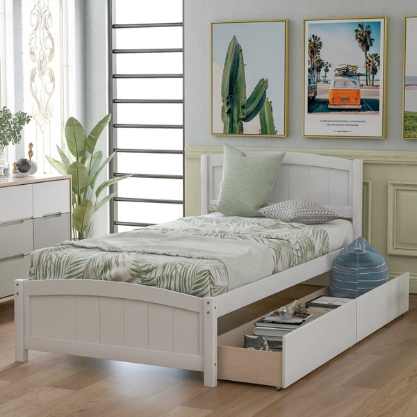 English Elm Twin Storage Platform Bed with Two Under Drawers Pine Slats No Box Spring Needed White WF194280AAK