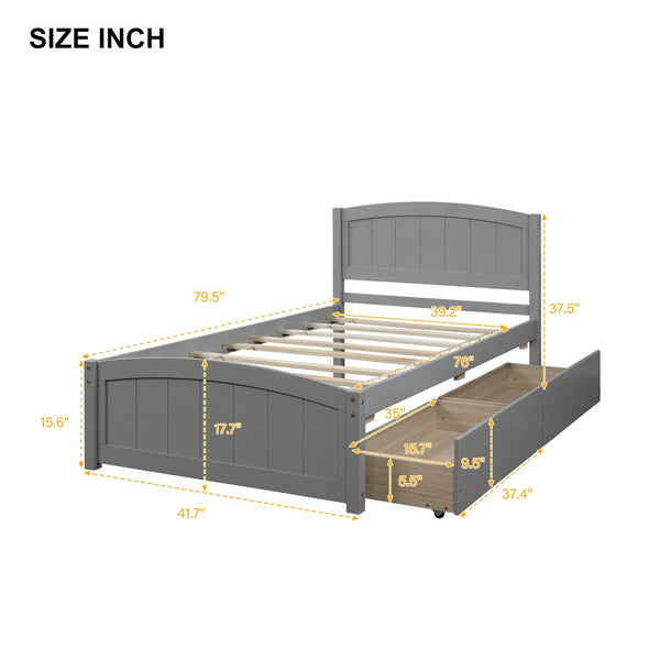 English Elm Twin Storage Platform Bed with Two Under Drawers Pine Slats No Box Spring Needed Gray WF194280AAE