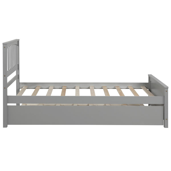 English Elm Twin Platform Bed with Roll-out Trundle Solid Pine Slat Frame for Small Bedrooms WF195106AAE