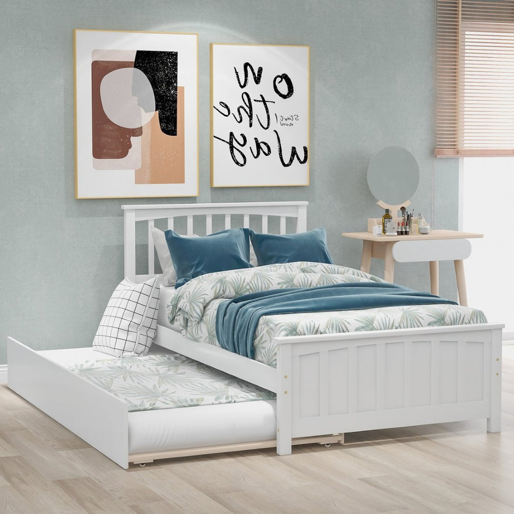 English Elm Twin Platform Bed with Roll-out Trundle Solid Pine Slat Frame for Small Bedrooms WF195106AAK