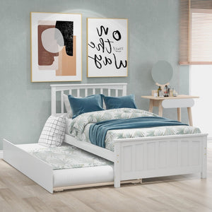 English Elm Twin Platform Bed with Roll-out Trundle Solid Pine Slat Frame for Small Bedrooms WF195106AAK