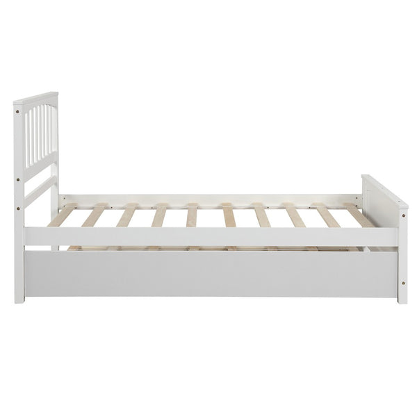 English Elm Twin Platform Bed with Roll-out Trundle Solid Pine Slat Frame for Small Bedrooms WF195106AAK