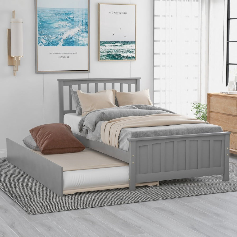English Elm Twin Platform Bed with Roll-out Trundle Solid Pine Slat Frame for Small Bedrooms WF195106AAE