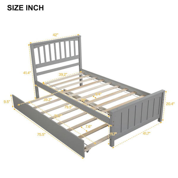 English Elm Twin Platform Bed with Roll-out Trundle Solid Pine Slat Frame for Small Bedrooms WF195106AAE