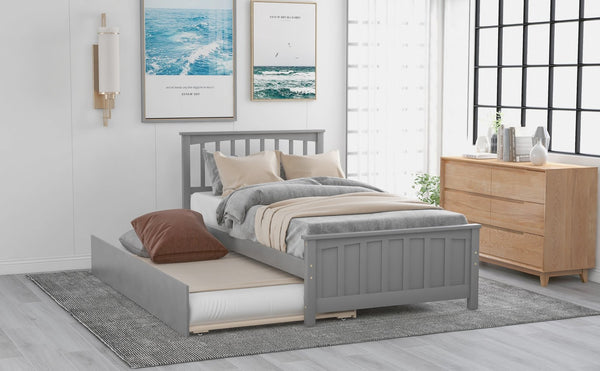 English Elm Twin Platform Bed with Roll-out Trundle Solid Pine Slat Frame for Small Bedrooms WF195106AAE