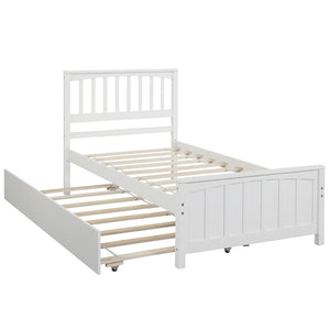 English Elm Twin Platform Bed with Roll-out Trundle Solid Pine Slat Frame for Small Bedrooms WF195106AAK