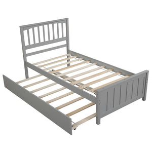 English Elm Twin Platform Bed with Roll-out Trundle Solid Pine Slat Frame for Small Bedrooms WF195106AAE