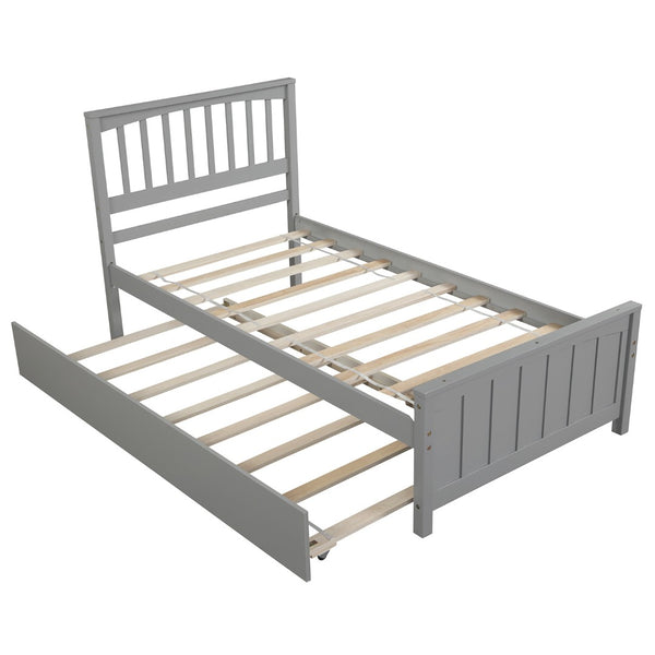 English Elm Twin Platform Bed with Roll-out Trundle Solid Pine Slat Frame for Small Bedrooms WF195106AAE