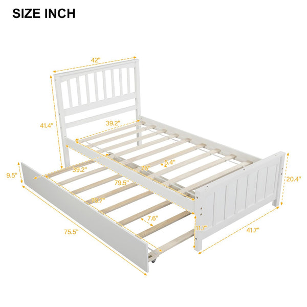 English Elm Twin Platform Bed with Roll-out Trundle Solid Pine Slat Frame for Small Bedrooms WF195106AAK