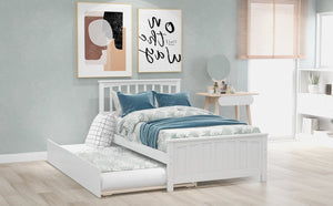English Elm Twin Platform Bed with Roll-out Trundle Solid Pine Slat Frame for Small Bedrooms WF195106AAK