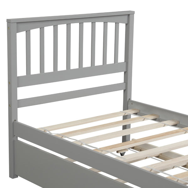 English Elm Twin Platform Bed with Roll-out Trundle Solid Pine Slat Frame for Small Bedrooms WF195106AAE