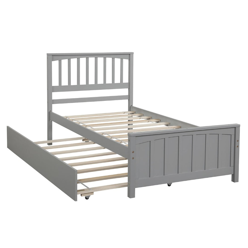 English Elm Twin Platform Bed with Roll-out Trundle Solid Pine Slat Frame for Small Bedrooms WF195106AAE