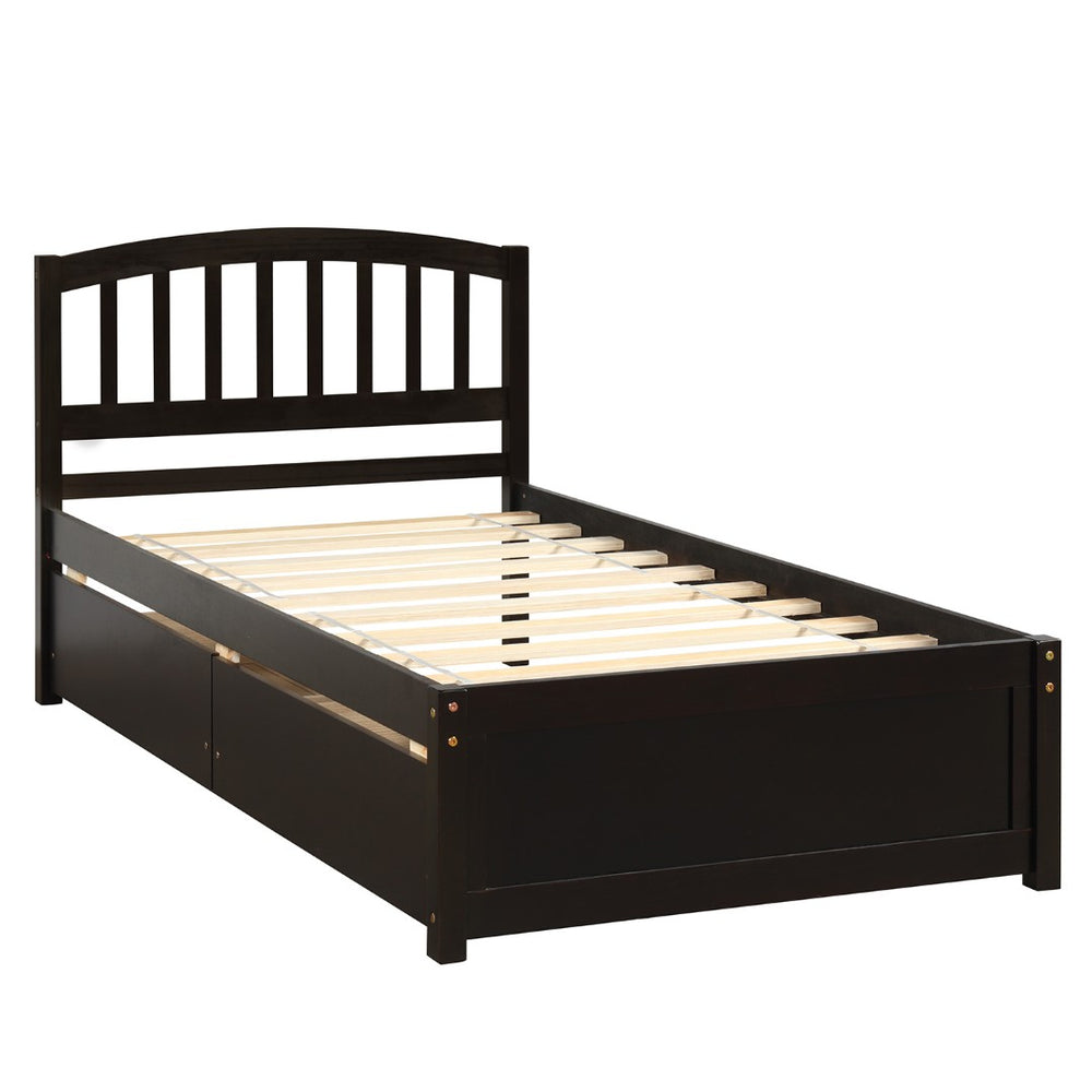 English Elm Twin Walnut Platform Bed Pine Frame Curved Headboard with Under Drawer Storage WF194279AAP