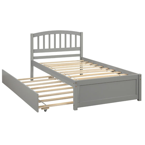 English Elm Twin Solid Pine Platform Bed with Roll Out Trundle Sleek Frame for Kids Guest Rooms WF194302AAE