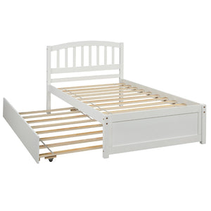 English Elm Twin Solid Pine Platform Bed with Roll Out Trundle Sleek Frame for Kids Guest Rooms WF194302AAK